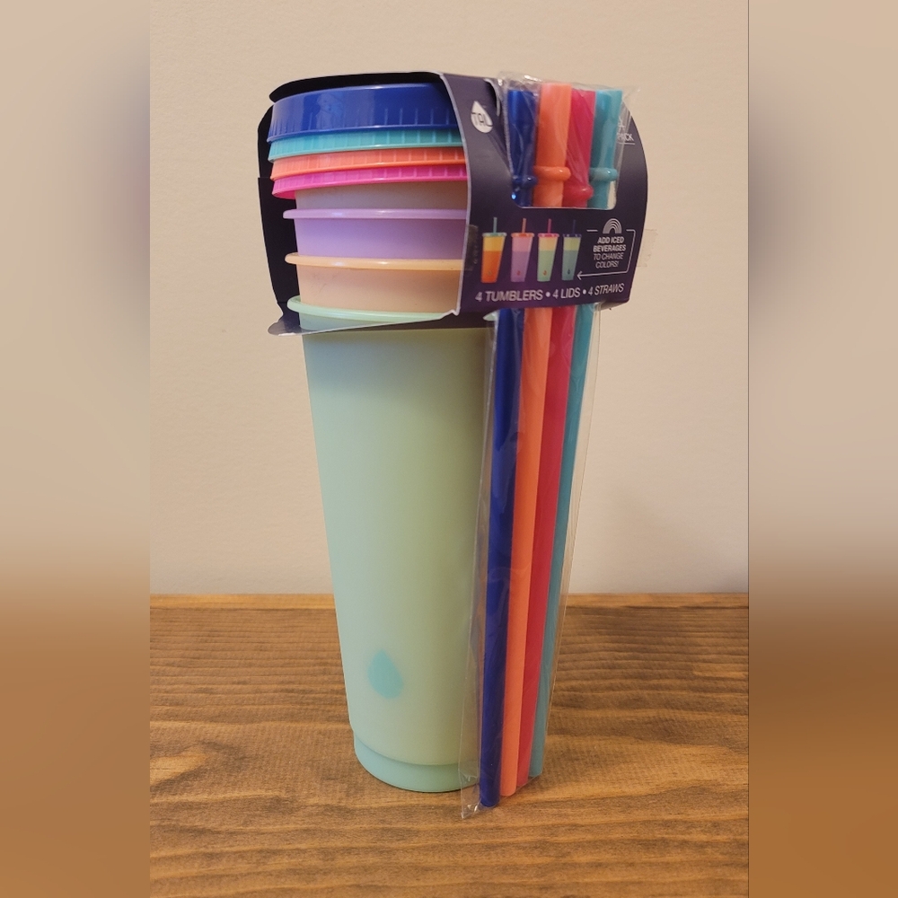 Color-Changing Reusable Tumbler, Lid & Straw Set, 24 fl oz - 4 Pack Multi Color